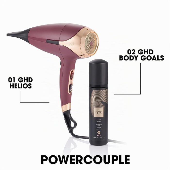 Професійний фен для волосся ghd Helios: швидке сушіння, низький рівень шуму, легка вага, для стілінгу та blowout (колір Bordeaux)