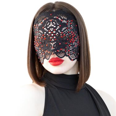 Чорна маска на обличчя з мереживом та стразами для жінок, елегантна венеціанська маска для карнавалу, Хелловіну, косплею, вечірок у костюмах (чорний з червоними стразами)