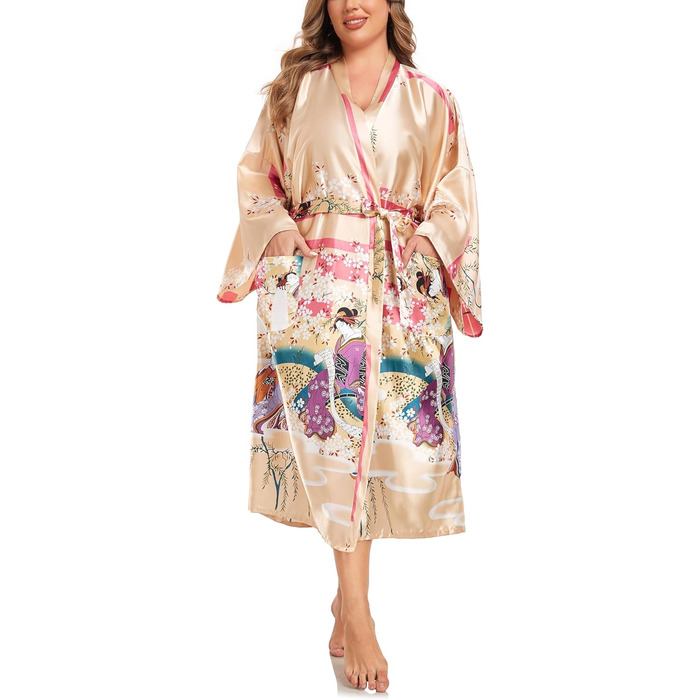 Халат кімоно для жінок, великі розміри, сатин, легкий, японський стиль, плюс сайз, халат для ванни, юката (Sakura Ukiyoe Champagne, XXL)