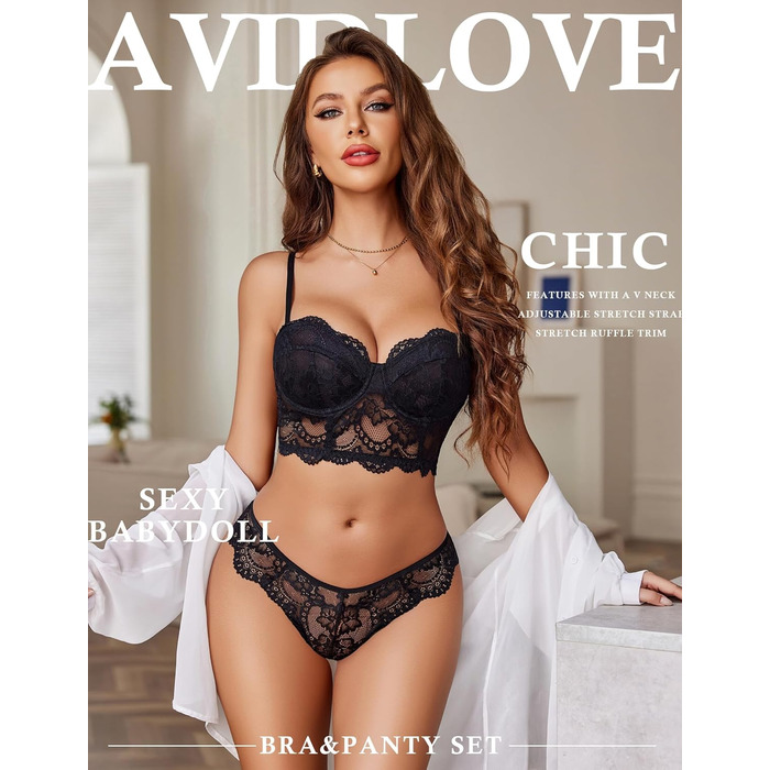 Avidlove Комплект нижньої білизни для жінок: мереживний бюстгальтер з кісточками та трусики Push-up, чорний