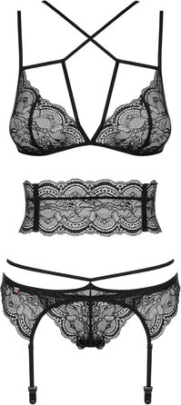 Сексуальний жіночий комплект нижньої білизни Obsessive: бюстгальтер, пояс для живота, пояс з лямками та танга, чорний, L-XL
