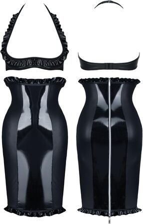 Комплект спідньої білизни з ефектом латексу Gogo Set: бюстгальтер без бретелів та спідниця міді, чорний, розмір S