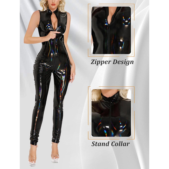 Комбінезон Adigau з ефектом вологого блиску з PU шкіри, латексний костюм, сексуальний образ, з блискавкою спереду, для вечірок та свят