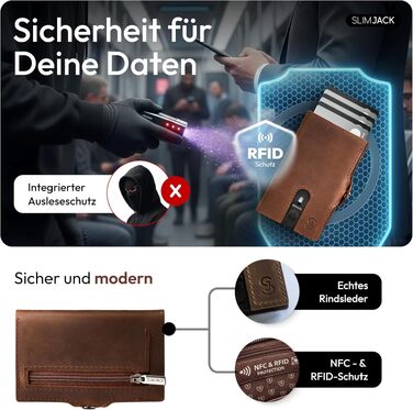 Чоловічий смарт-гаманець SLIMJACK з монетницею та RFID-захистом, шкіряний тримач для кредитних карток з алюмінієвим корпусом, темно-коричневий