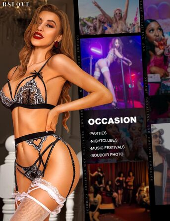 RSLOVE Daen Dessous Set - 3-частинний комплект спідньої білизни з мережива, тіло, боді, чорний, червоний (M, чорний Remix, срібло)