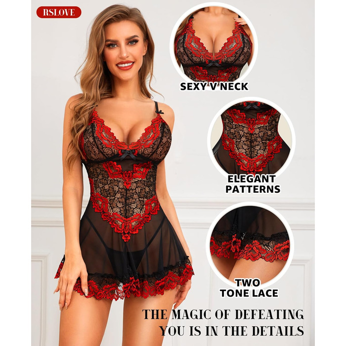 Babydoll RSLOVE для жінок: мереживна піжама, сексуальна нічна сорочка, чорний/червоний колір