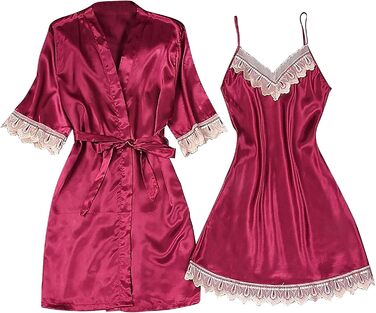 Жіночий халат-кімоно з мереживом, довгий халат, нічна сорочка з довгим рукавом, нічна сорочка-бабідолл, комплект (червоний, L)