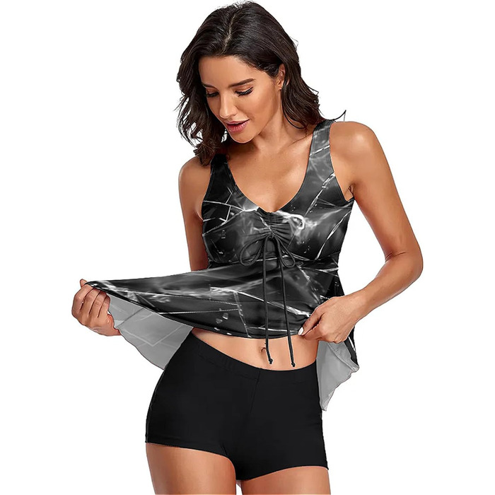 Танкіні жіночий купальник з високою талією, Push Up верхня частина з плавками, комплект двокомпонентний, літній принт, купальники для жінок, пляж, відпустка, дозвілля (Сірий море, M)