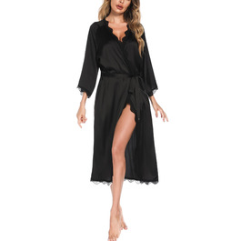 Шовковий халат Aranmei для жінок: довгий, з V-подібним вирізом, 3/4 рукава, нічний халат, халат для сну, кімоно, чорний, з мереживом