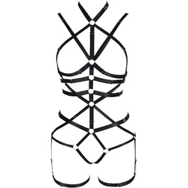 Комплект корсет, бра та стрінг з ремінцями для тіла, чорний, готичний стиль