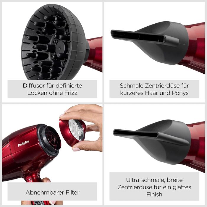 Професійний фен BaByliss Pro Digital 6001DE з дифузором, іонна технологія, 2200 Вт, 3 рівні температури та 4 режими потоку повітря, червоний