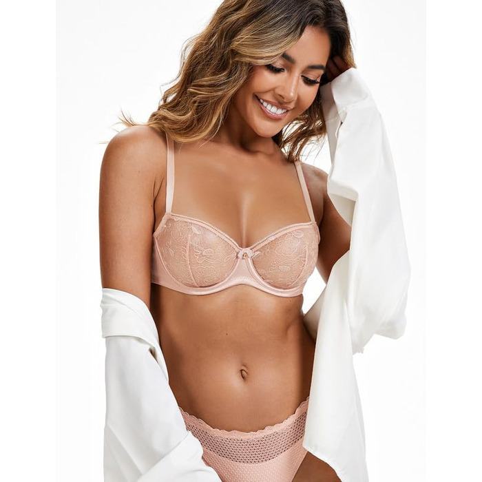 Wingslove Дирндль бюстгальтер з кісточками для жінок, мереживний балконет, прозорий, без підкладки, для великої груди, м'який та зручний (Рожево-бежевий, 80F)