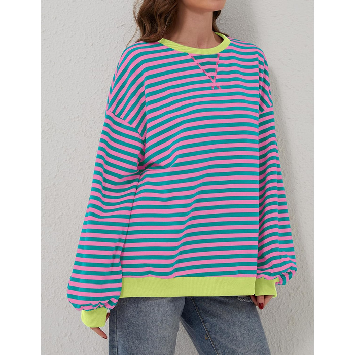 Жіночий світшот Chicrise Oversized у смужку, в'язаний лонгслів з круглим вирізом, рожево-зелений, розмір M