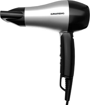 Компактний дорожній фен Grundig HD 2200 Sport & Reise, 1200 Вт, 2 режими температури та потоку повітря, складана ручка, сріблястий/чорний