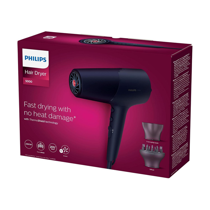 Фен для волосся Philips 5000 Series BHD510/00, 2300 Вт, ThermoShield, іонізація, дифузор та насадки для стайлінгу, Metallic-Blau