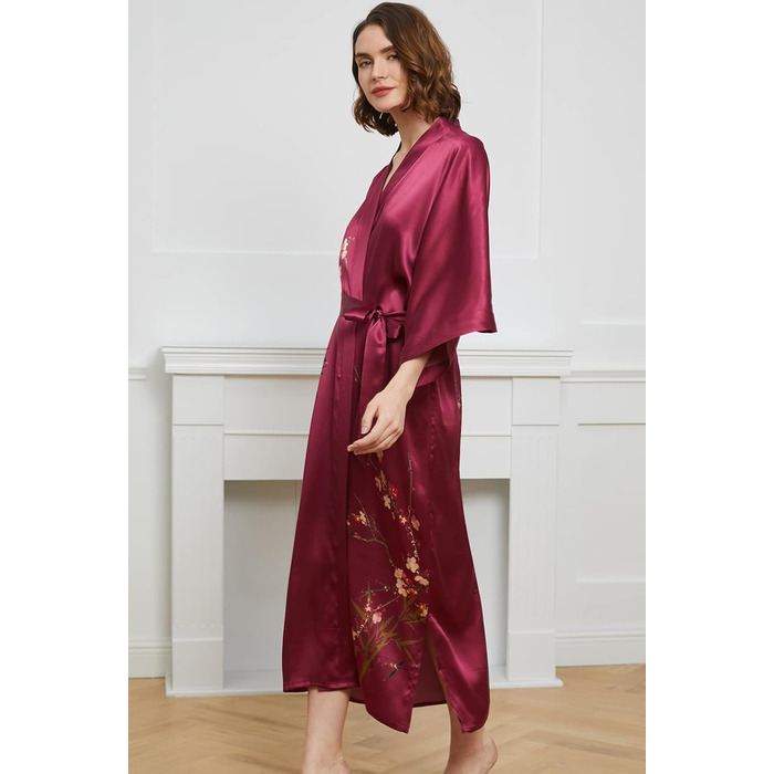 Шовковий халат-кімоно Ledamon для жінок, довгий, 100% шовк, класичний квітковий халат, нічна сорочка, універсальний розмір, бордовий