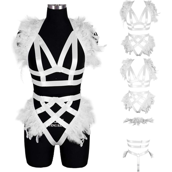 Жіночий корсет з пір'ям BBOHSS – набір аксесуарів для тіла, готичний стиль, Burning Man, білий (30)