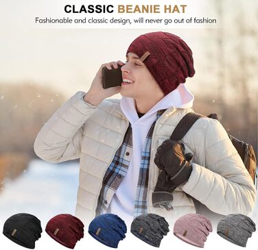 Унісекс в'язана шапка-біні HAMUNI — дихаюча трикотажна шапка Slouch Beanie для жінок та чоловіків, чорно-червона