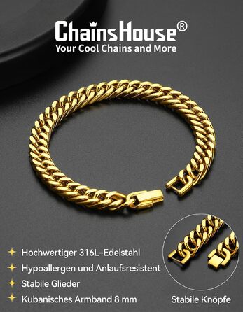 Чоловічий сталевий браслет-ланцюг Panzer від ChainsHouse, золотистого кольору, ширина 8мм, довжина 23см, у подарунковій коробці