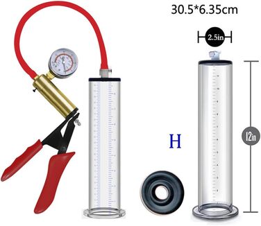 Насос для збільшення статевого члена Jpscor з металевими ручками та манометром, прозорий вакуумний насос з шкалою для чоловіків, SM-інтимні іграшки для ерекції та збільшення, H-30,5 * 6,35cm