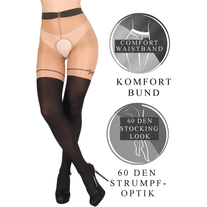 Набір з 6 шт. мереживних колготок BANANALU 20 Den Overknee з відкритим кроком (L, Daino/Nero)