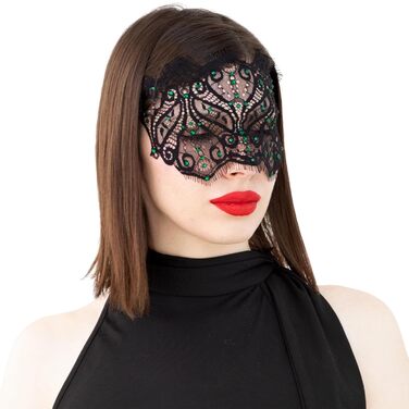 Чорна мереживна маска для жінок з кристалами - елегантна венеціанська маска для карнавалу, вечірки в готичному стилі, косплею, свята - ручної роботи (чорний колір, зелені стрази)