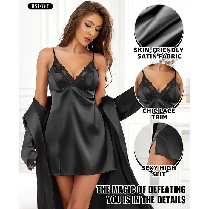 Комплект жіночого шовкового нічного одягу RSLOVE - Сексуальна нічна сорочка з мереживом та халат, 2-частинний комплект чорного кольору