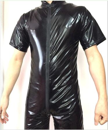 Комбінезон латексний чоловічий, чорний, з блиском, напіврукав, на блискавці, catsuit, Wetlook, для клубу