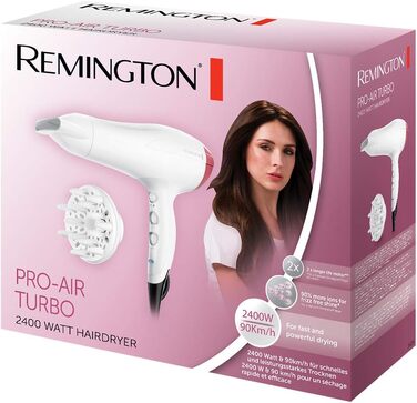 Іонізуючий фен Remington D5226 (2400 Вт, турбофункція 90км/год, 3 температурні та 2 швидкості обдуву, 2 насадки)