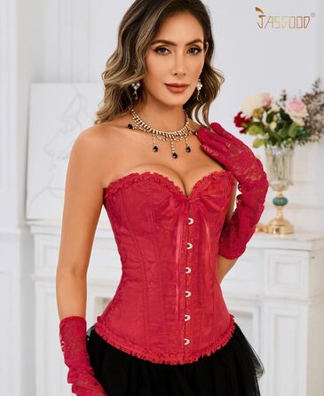 Корсетний топ-бюст'є JasGood Daen Vintage Gothic Overbust для повногрудих, шнурівка, червоний, XL — для Хелловіну та карнавалів