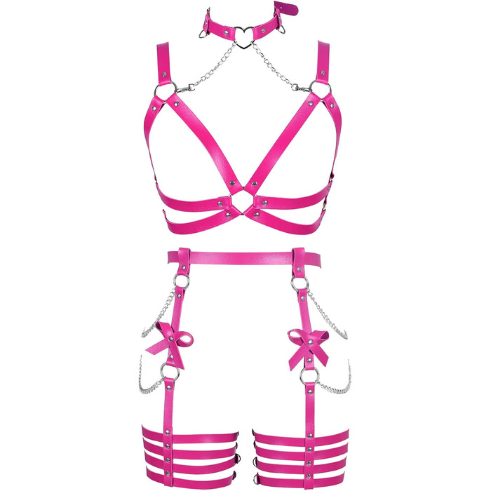 Жіночий шкіряний боді з ланцюжком BANSSGOTH: комплект стрінги з бантиком для танців та свят (Рожевий)