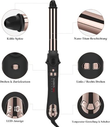 Автоматичний плойка-стайлер для волосся PARWIN PRO BEAUTY 32мм, ротаційний завитьок з нано-титановим покриттям та LCD-дисплеєм, 120-210°C