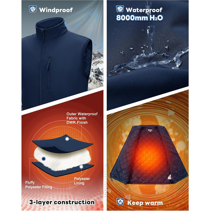 Чоловічий жилет Outdoor Ventures Softshell з утепленням: водовідштовхуючий, вітрозахисний та дихаючий жилет для їзди на велосипеді, бігу та походів (Синій, 3XL)