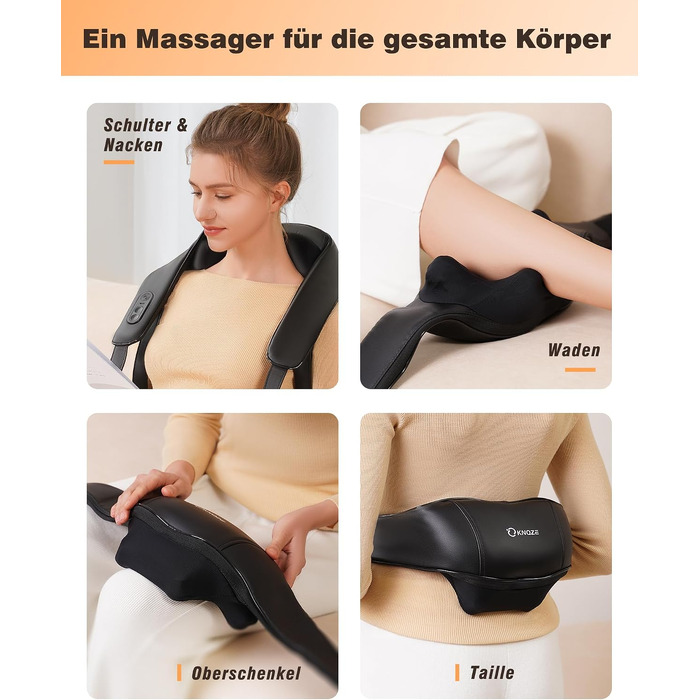 Бездротовий масажер для шиї та плечей KNQZE Shiatsu 4D з функцією підігріву, чорний (стандарт)