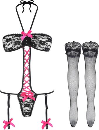 EROMATE Чорний корсет з мереживом для жінок, поясок-петля, мереживні панчохи, чорний/рожевий, універсальний розмір