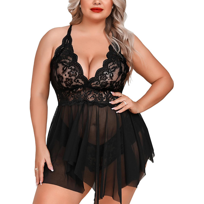 Боді з мереживом Aranmei для жінок великих розмірів, чорний, 4XL - сексуальна нічна сорочка, babydoll, відкритий крій