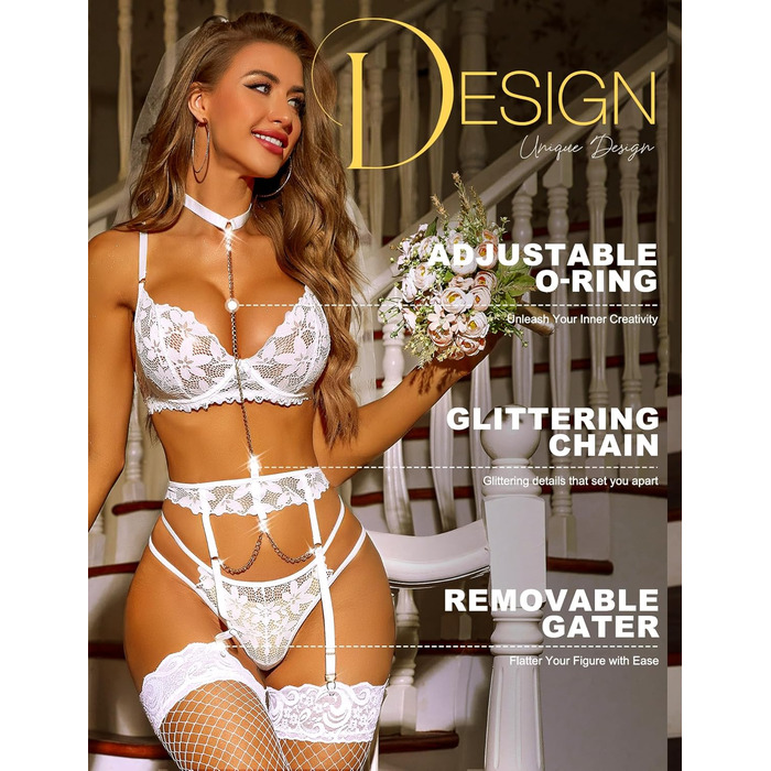 RSLOVE Комплект жіночої білизни: мереживний бюстгальтер, стрінги та поясок, білий, розмір M