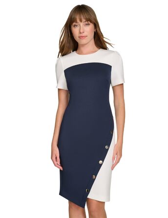 Сукня-футляр Tommy Hilfiger Scuba-Krepp, короткий рукав, з заклепками, асиметричний поділ, розмір 36-38, колір Sky Captain/Elfenbein