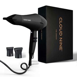 Фен для волосся Cloud Nine Airshot 2000W, професійний антистатик та антифриз ефект, 3 режими температури, з 2 насадками-дифузорами, чорний