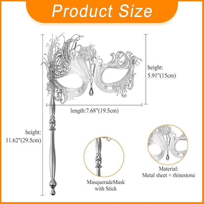 Венеціанська маска JewelryWe з держальником для жінок, металева маска з стразами для маскараду, аксесуари до костюма для Хелловіну, карнавалу, вечірки-маскараду (срібна)
