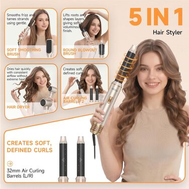 Мультистайлер для волосся 6 в 1 UKLISS Air Styler Set: фен-щітка, вирівнювач, локони та дифузор, 1000 Вт, LCD-дисплей, сріблясто-золотий