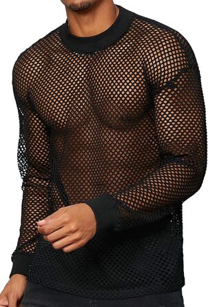 Чоловіча сітчаста сорочка/сітка, блискуче прозоре т-подібне мереживне сорочко з короткими рукавами, клубний стиль, літня мереживна кофта - XS-3XL, чорний S