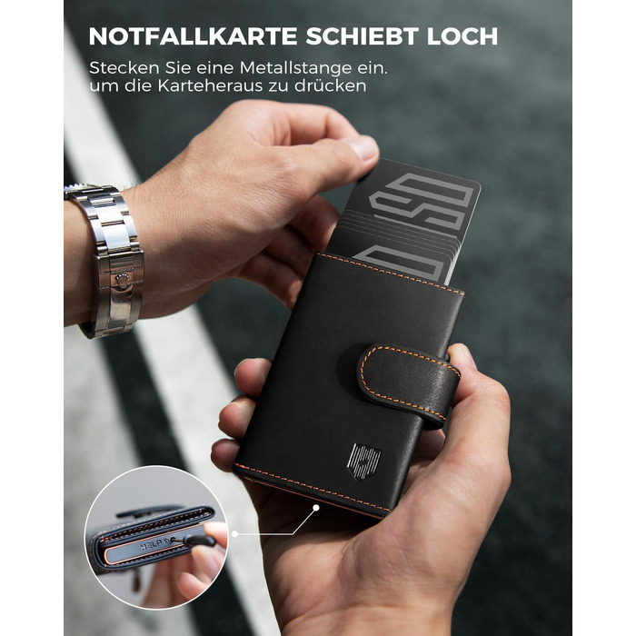 Чоловічий гаманець-картхолдер DODENSHA з RFID-захистом, автоматичним pop-up механізмом, відділенням для монет та вікном для ID (чорний з помаранчевим)