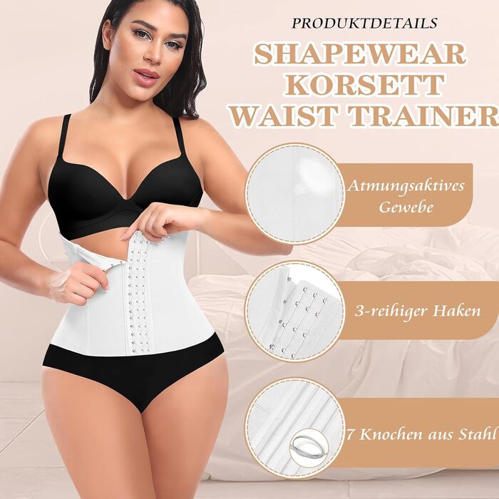 Корсет для талії жіночий, вашіння живота, модель Mieder, корсаж Shapewear, з 3 рядами гачків, 7 сталевих кісток, білий, 24.5 см, XXL
