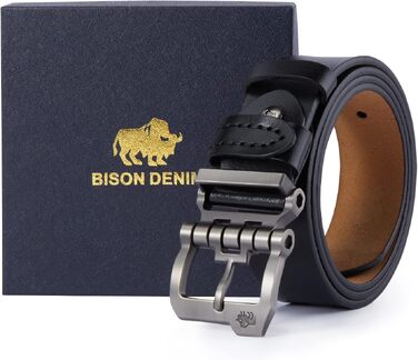 Шкіряний ремінь чоловічий BISON DENIM для джинсів та костюмів, 38 мм, чорний, довжина 110 см (розмір 33'-35')