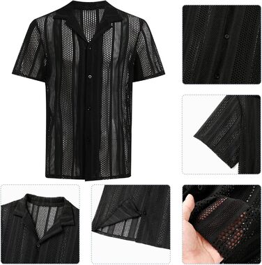 Чоловіча прозора сорочка-сітка Abehik з короткими рукавами для клубів, вечірок, святкування - чорна