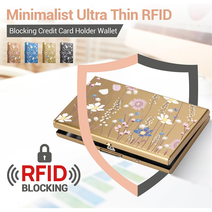 Металевий картхолдер з RFID-захистом від скіммінгу, ультратонкий гаманець для банківських карток (6 слотів, золото, з квітковим принтом) для жінок та чоловіків