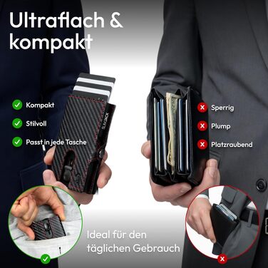 Розумний гаманець SLIMJACK з монетницею та RFID-захистом, чоловічий тримач для карток з алюмінію та шкіри (Modern, Carbon Redline)