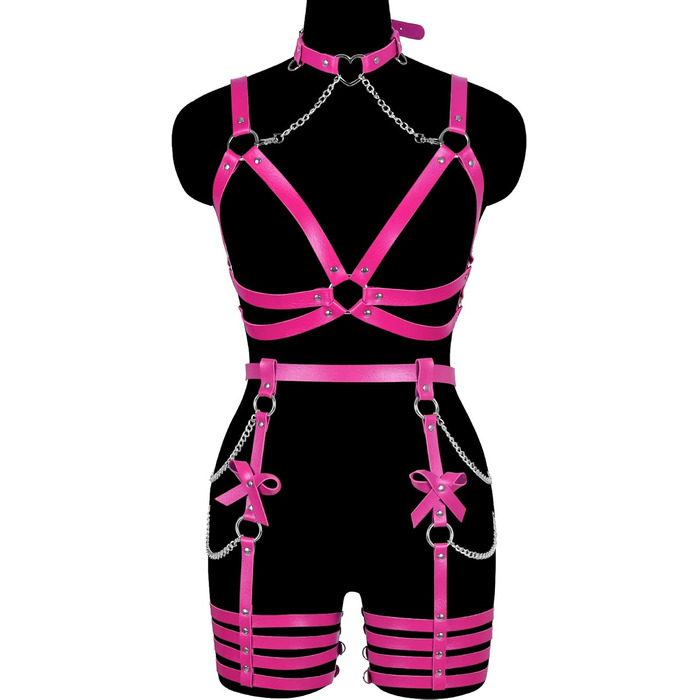 Жіночий шкіряний боді з ланцюжком BANSSGOTH: комплект стрінги з бантиком для танців та свят (Рожевий)