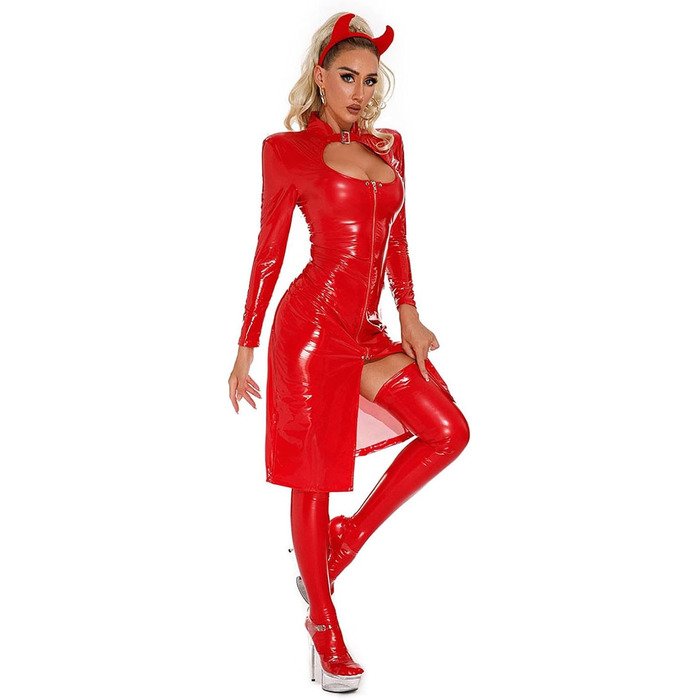 Сукня з латексу для жінок, червона, 3XL. Комплект з 4 частин: сукня, латексні панчохи, аксесуари. Еротичний костюм, мокрі ефекти, довгі рукави, лак та шкіра.